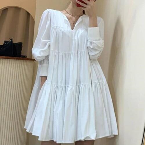 Spring autumn cute puff sleeve pleated dress women v-neck loose doll dress