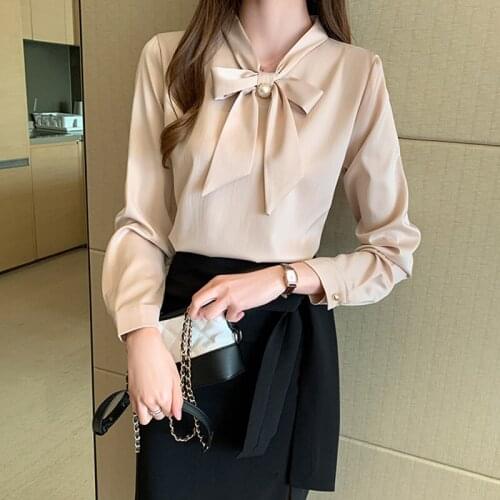 Shirt female Han Fan 2020 spring new bow tie lace satin long-sleeved shirt shirt female jacket spring