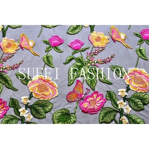 1Yard Heavy Embroidered Lace Fabric With Multi-color Flowers Tulle Lace Fabric With Colorful Embroidery Roses And Daisy