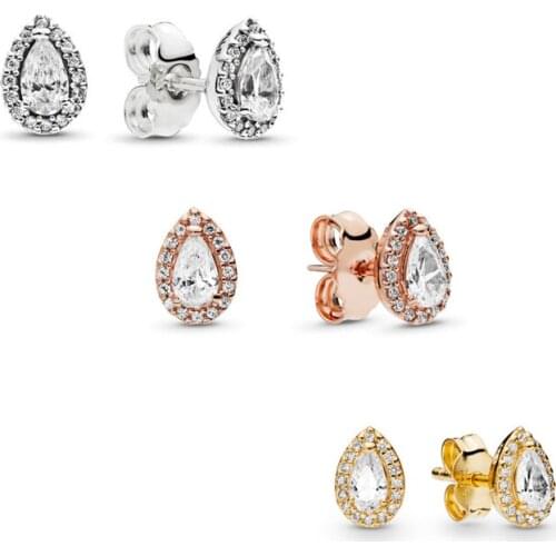 2021 New Free Shipping Authentic 925 Sterling Silver Sparkling Teardrop Halo Stud Earrings For Women DIY Jewelry S925 Earring