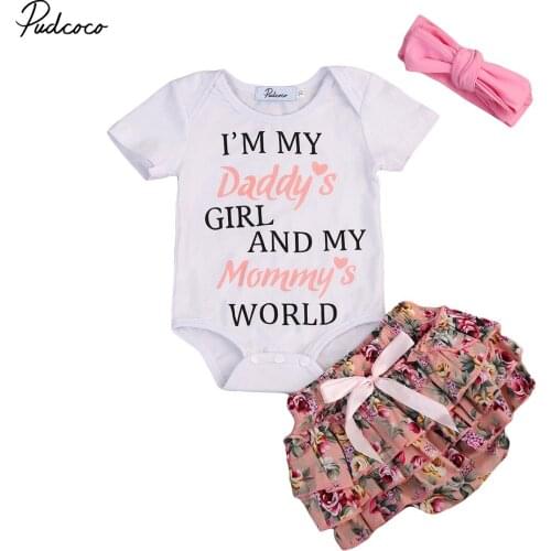 2018 Brand New 0-24M Cute Infant Baby Girl Clothes Daddys World Cotton Romper Tops+Floral Bloomers Shorts Headband 3PCS Outfits