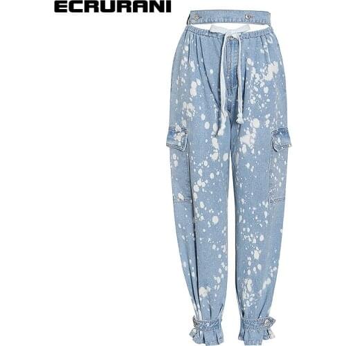 ECRURANI Patchwork Print Hit Color Denim Pants For Women High Waist Hollow Out Lace Up Bowknot Trousers Females 2021 Fashion New