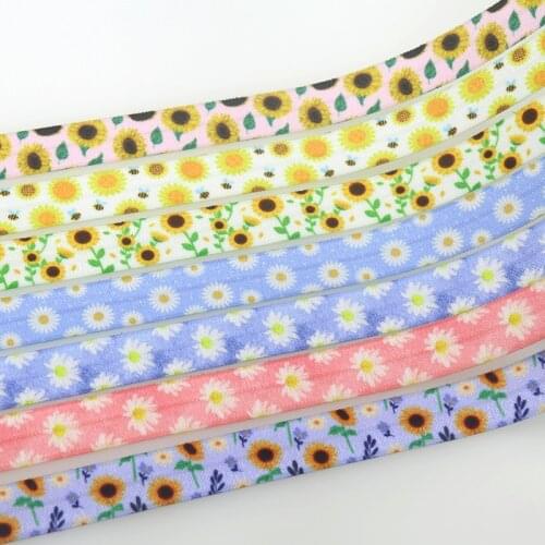 DHK 5/8'' 5yards Sunflower Chrysanthemum Printed Fold Elastic FOE Stretch Ribbon Hairbow Headwear Headband DIY OEM 15mm E1933