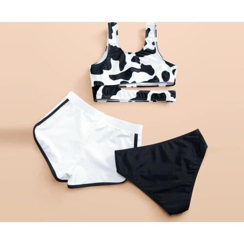 3Pcs Baby Kids Girls Bikini Set Swimwear Cow Floral Crisscross Back Ruffled Two Piece Swimsuit Girl Beach Bathing Suit Biquinis