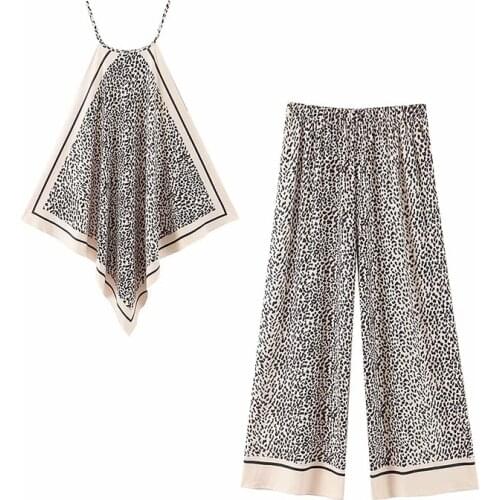 Leopard Print Halter Neck Spaghetti Strap Tops Elastic Waist Wide Leg Pants Two Pieces Elegant Sexy Women Long Pants Sets