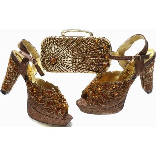 2021 Afrcian Hot Sellling Italian Design New Arrival Peach Color Party Wedding Women Shoes and Bag Decorated With Rhinestone