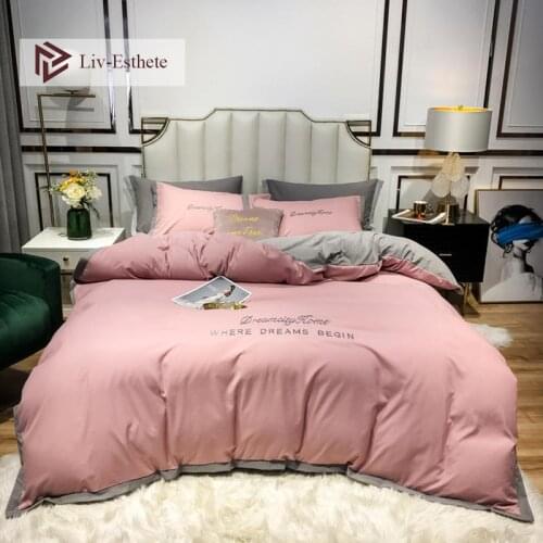 Liv-Esthete 100% Cotton Pink Bedding Set Embroidery Duvet Cover Set Flat Sheet Pillowcase Double Queen King For Women Free Ship