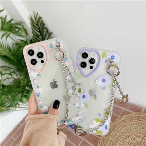 Cute Chain Bracelet Lanyard Phone Case for IPhone 7 8 Plus SE 2020 X XS XR 11 12 Pro Max Floral Flower Capa Soft TPU Clear Cover
