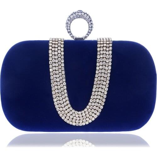 2018 New Velet Rhinestones Evening Bags Wedding Purse Finger Ring Diamonds Chain Shoulder Handbags Crystal Evening Bags