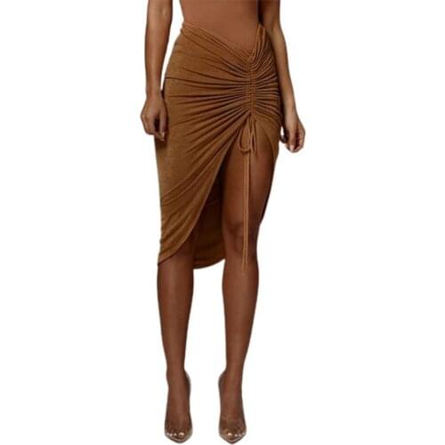 Slim Bodycon Skirt for Women Sexy Shirring Drawstring Solid Color High Split Irregular Ladies Midi Skirt Clubwear Summer