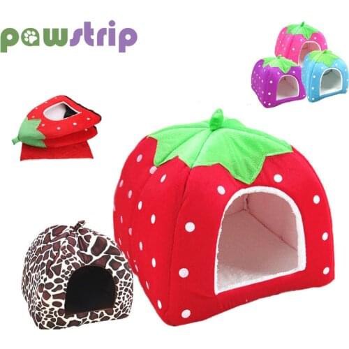 Pawstrip 5 Colors Strawberry Dog Bed House Hamster Rabbit Bed Folding Cat House Soft Warm Pet Kennel For Small Dog Cats S-XXL