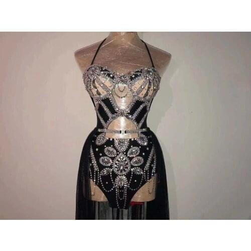 Black Siamese Hollow Singer Costume Christmas Halloween Club Bar Sexy Female Sparkly Costumes