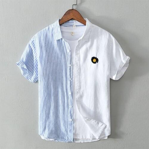 Striped Patchwork Shirts for Men White Short Sleeve Casual Hemp Shirts Summer Fashion Pure Linen Breathable Tops Clothing