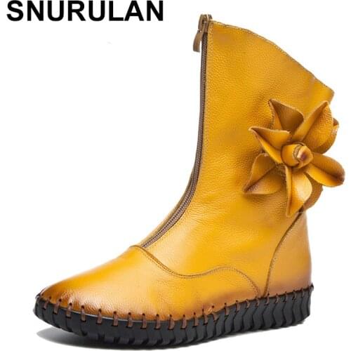 SNURULAN Retro Flower Women High Boots Genuine Leather Mid-Calf Boots Women Shoes Cowhide Zip Winter Autumn Boots Female