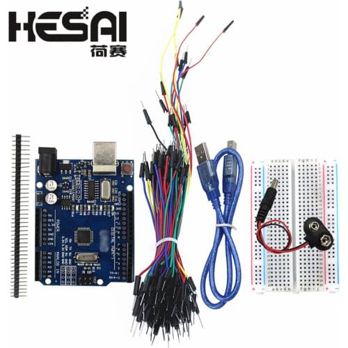 Starter Kit for Arduino Uno R3 - Bundle of 5 Items: Uno R3, Breadboard, Jumper Wires, USB Cable and 9V Battery Connector