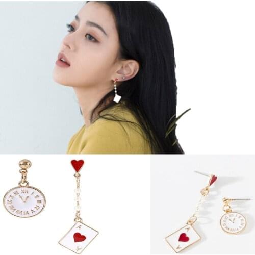Creative Poker Clock Asymmetrical Mental Dangling Earrings Stud Earrings for Girls Women Fashion Gifts Party Jewelry Accessory