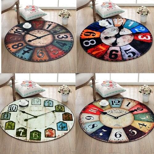 Vintage Wall Clock Printed Round Carpet Living Room Bedroom Rugs Anti-Slip Wear-Resisting Baby Crawling Soft Mats Table Cushion