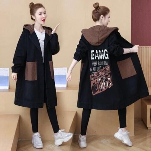 Medium length Denim Jacket Womens spring and autumn 2021 loose hooded casual coat