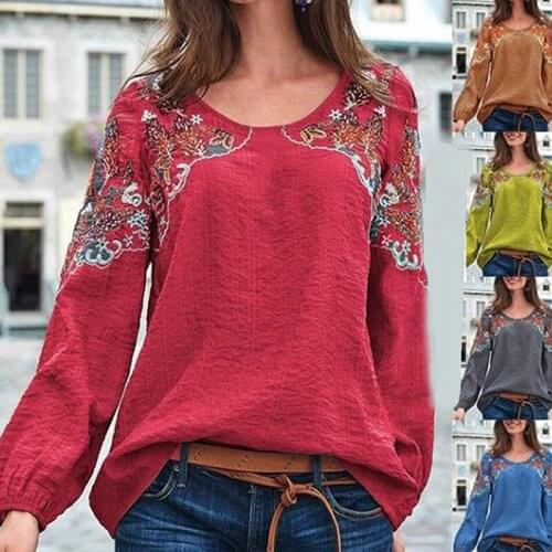 Vintage Embroidered Blouse Women Autumn Long Sleeve Cotton Linen Shirts O-Neck Blusas Casaul Femininas Tunic Daily Tops Mujer