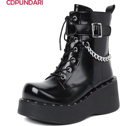 Women Black Wedges Ankle Boots Autumn Winter Rivet Chain Chunky Platforms Boots Punk Gothic Shoes Ladies Bottes Plateforme Femme