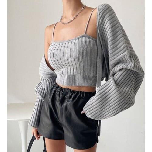 2021 Autumn New Suits Women Knitted 2 Pieces Sets Ribbon Cardigan Sweater Jacket + Tube Top Knitted Vest Inside