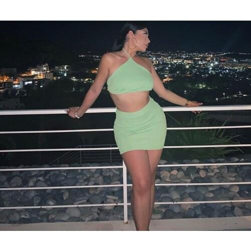 Green Crop Tops And Mini Skirts Sets Women Sexy Halter Backless Party 2 Piece Outfits Summer Club Two Piece Set 2020