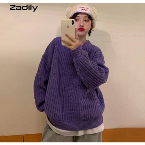 Zadily 2021 Autumn Street Style Oversize Knit Womens Sweater Y2K Solid Color Long Sleeve Pullover Winter Loose Female Clothing