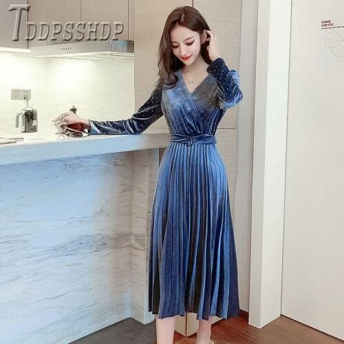 2019 Fairy Velvet Women Bottoming Dress Elegant Waist Belt Female Dresses