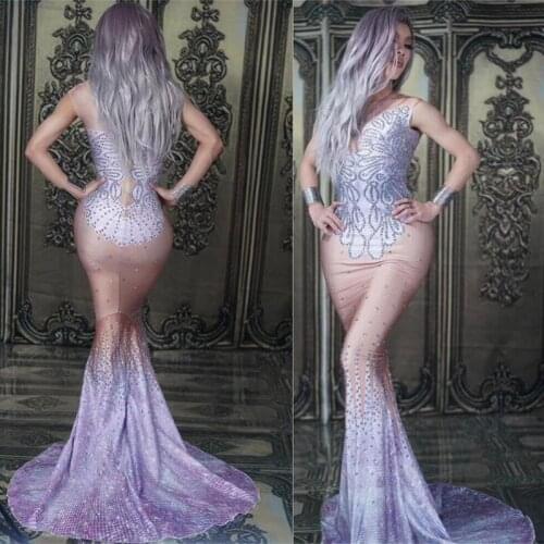 Women Fishtail Dress 3D Printed Crystals Trailing Skinny Long Dress Female Stars Singer Dancer Host Prom Evening Party Costume