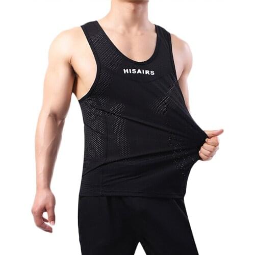 Mens Breathable Mesh Vest Male Ice Silk Quick-drying O- Neck Hollow Sleeveless Vest Wide Shoulder Waistcoat Fitness Slim Tops