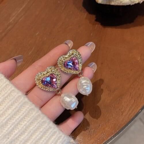 2021 New Korean Crystal Simulated Pearl Purple Heart Trendy Dangle Earrings For Women Fashion Jewelry Purple Pendientes Mujer