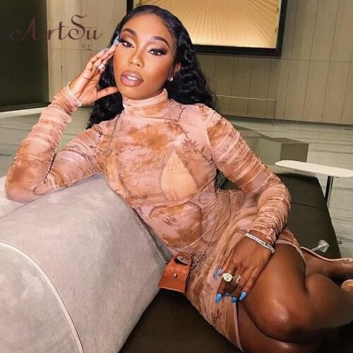 ArtSu Sexy Mesh Sheer Print Dress Womens Ruched Mini Dresses Long Sleeve Dress Vintage Ladies Bodycon Night Partywear ASDR60277