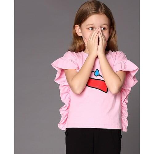 Girls blouse t-shirt childrens summer short-sleeved female Chinese large child lotus leaf side girls T-shirt