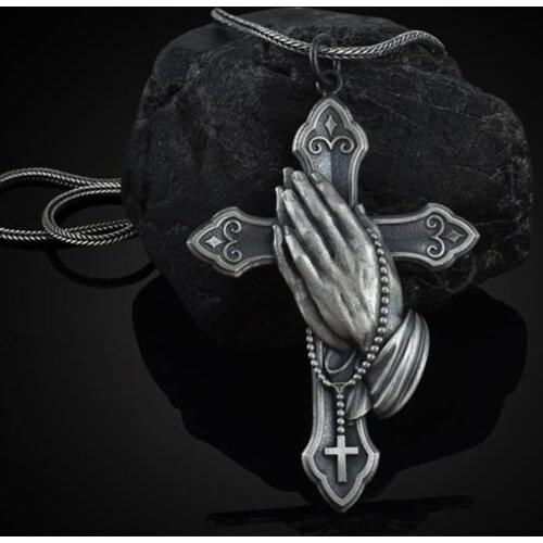 Vintage Silver Colour Metal Pure Tin Cross Pendant Necklace For Men Women Classic Hands Together Prayer Necklace Jewellery