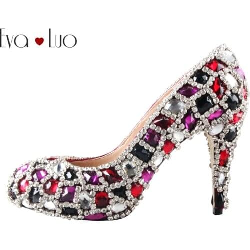 CHS575 Gorgeous Mulitcolor Crystal Jeweled Dress Pumps Bridal Wedding Shoes Plus Size Women High Heel Shoes Custom Made