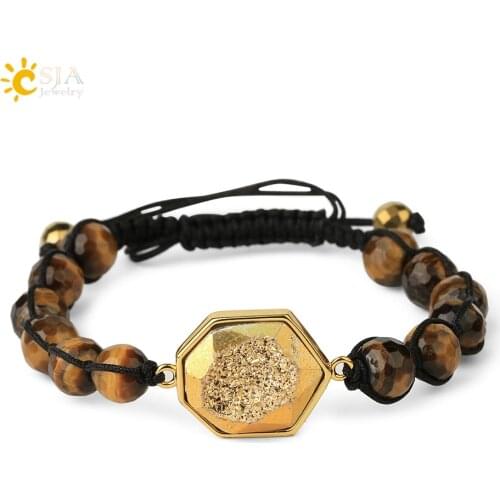 CSJA Multifaceted Crystal Bracelets Natural Stone Tiger Eye Pink Quartz Druzy Bead Adjustable Braided Bangles for Women Men F816