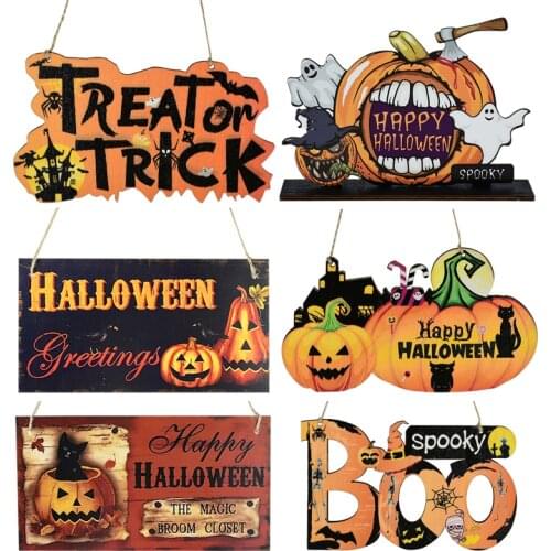 1Pcs Halloween Wooden Ornaments Pumpkin Ghost TRICK OR TREAT Wooden Pendants For Halloween Party Decor Home Door Hanging Signs