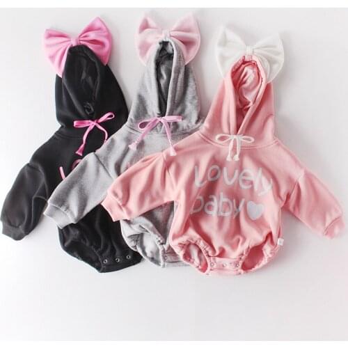 New Fall Winter Baby Girl Clothes Cotton Big Bow Letter Print Long Sleeve Hooded Sweater Baby Romper Thicken Baby Bodysuit 0-18M