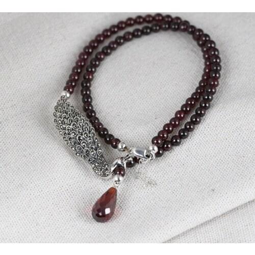 FNJ 40cm Garnet Beads 925 Silver Fine Original S925 Silver Women Peacock Pendant Necklaces for Jewelry Making MARCASITE