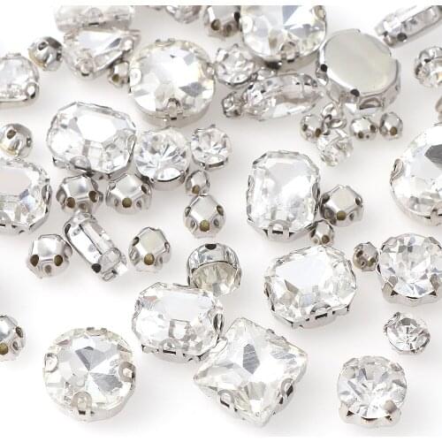 About 110Pcs Random Mix Shape Clear Color Sew On Glass With Sliver Claw Stone Strass Diamond Stones DIY Wedding Dress Decoration