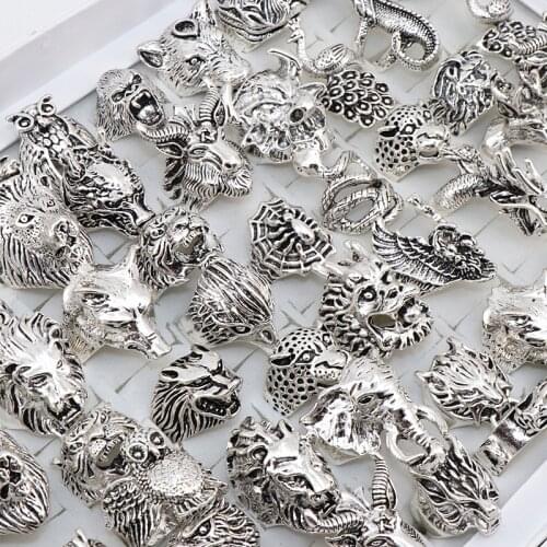 Wholesale 20pcs/Lots Mix Snake Owl Dragon Wolf Elephant Tiger Etc Animal Style Antique Vintage Jewelry Rings for Men Women