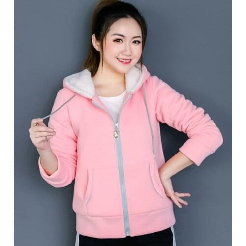 Autumn and winter lamb wool thick double layer plus velvet cardigan hooded jacket faux lamb wool womens sweater