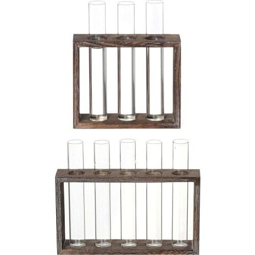 Test Tube Rack Planter, Transparent Hydroponic Flower Clear Vase with Wood Stand Frame Perfect for Coffee Shop Home