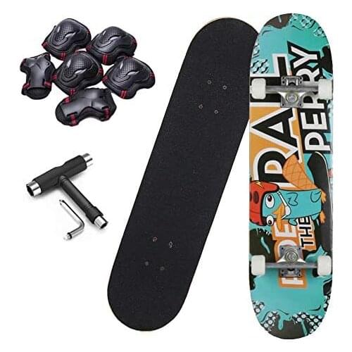 Skateboard 31"X8", 7-Layer Imported Maple Skateboard Double Rocker Type ABEC-7 Bearings, with Protective Gear and T Tools
