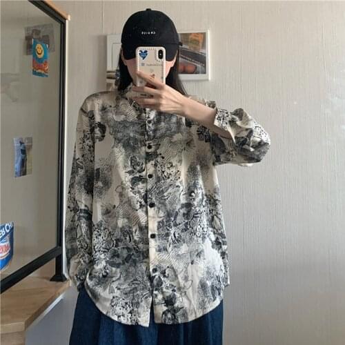 Oversized loose streetwear ladies tops 2020 autumn retro fashion printed casual men and women long-sleeved all-match shirt