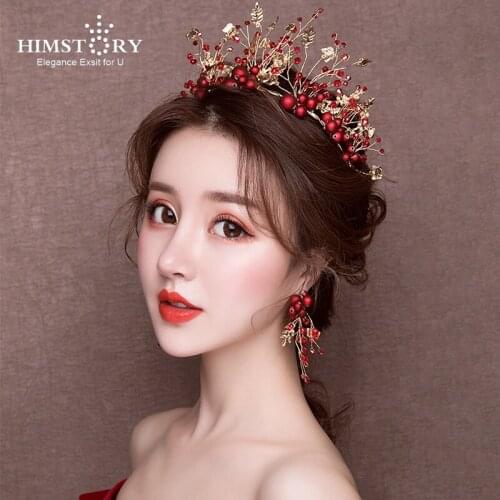 HIMSTORY Romantic Pearls Crystal Flower Bride Hairband Headdress Red Bridal Headband Headpiece Ornaments Wedding Hair Accessory