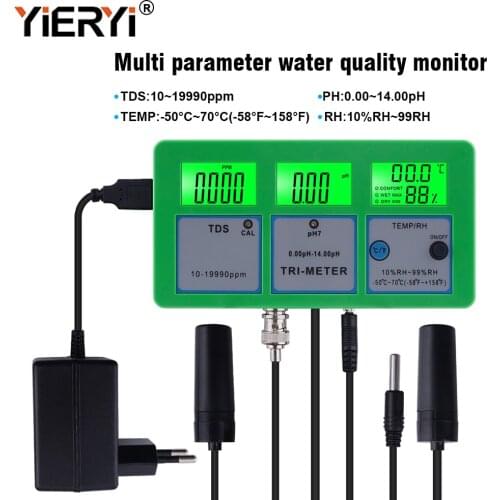 Yieryi 4 in 1 PH TEMP TDS RH Water Quality Tester Monitor PH Meter Multi-parameter Aquarium Water Meter