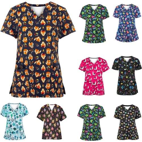 High Quality Elasticity Women Nursing Scrubs Short Sleeve V-neck Tops Working Uniform Animal Print With Pockets Blouse Tshirt q5
