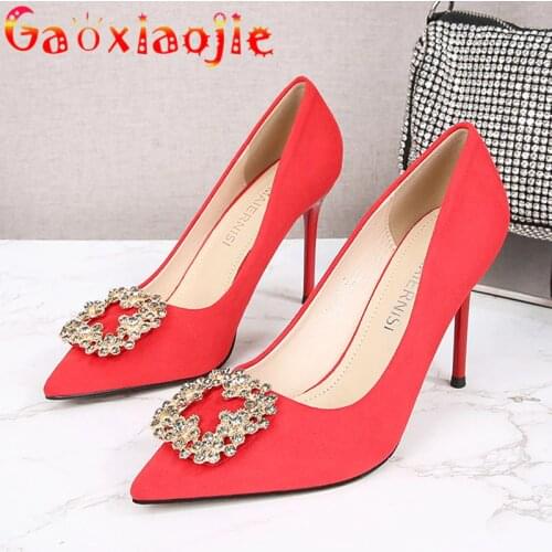 Women High-Quality Suede Pumps Fetish Fashion Pointed Toe Stiletto Shoes Water Drill Buckle Everyday Shopping Party High Heels