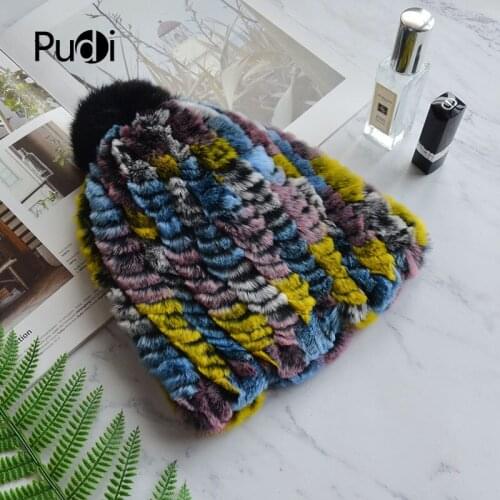 Pudi Women Winter New Real Rabbit Fur Hat Fashion Color Design Leisure Female Girl Warm Hats Caps With Fur Ball HF804